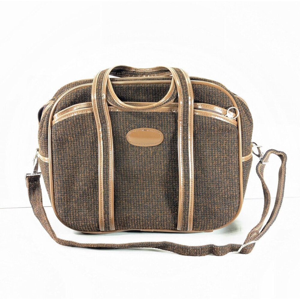 1960s Brown Plaid Messenger / Laptop bag with shoulder strap, vintage book bag